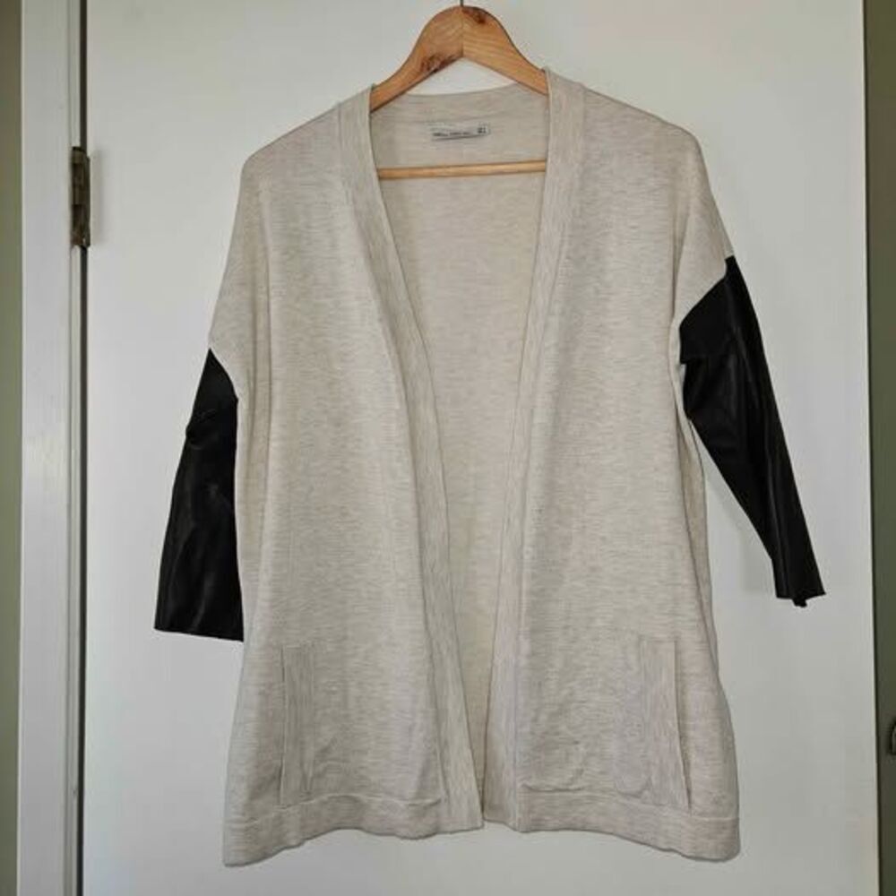 ZARA Open Front Cardigan with Faux Leather Sleeves Medium